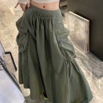 Army Green Solid Color A Line 2024 Ladies Midi Cargo Skirt With Pockets