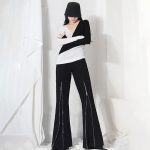 Fashion High Waist Patchwork Button Flare Pant Black Women Pants Trousers