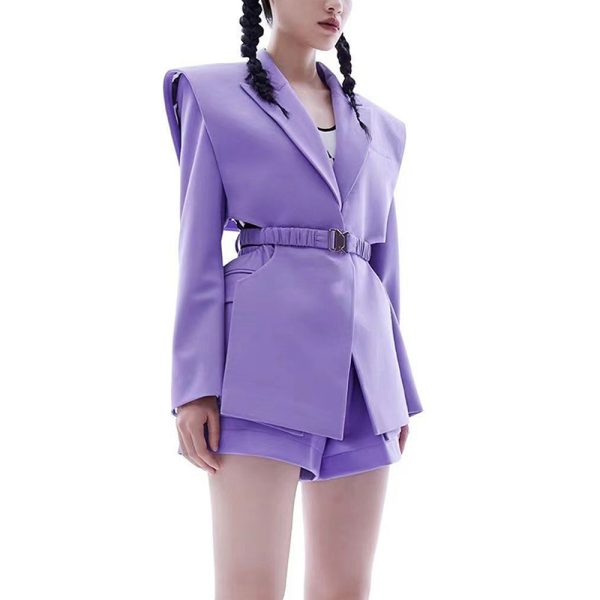 Notched Collar Long Sleeve Patchwork Belt Blazers Ladies Formal Coat For Woman