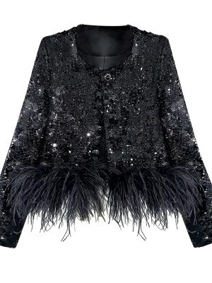 Spring And Autumn Style Black Feathers Sequins Women's Jackets Coats For Women