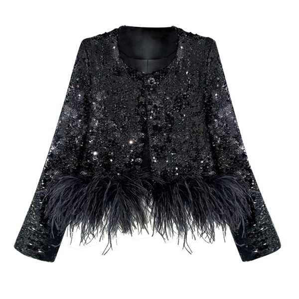 Spring And Autumn Style Black Feathers Sequins Women's Jackets Coats For Women