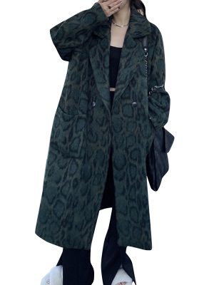 Medium And Long-Term Style Green Leopard Print Loose Windbreaker Jackets For Woman 2024