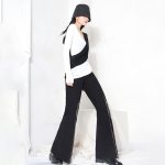 Fashion High Waist Patchwork Button Flare Pant Black Women Pants Trousers