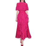 High Quality Stand Collar Long Sleeve Gathered Waist Women Long Maxi Dresses