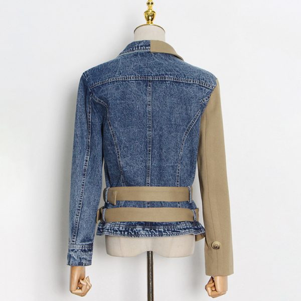 Streetwear Patchwork Denim Lapel Long Sleeve Colorblock Coat Blazer Jacket For Women