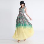 Fashion V Neck Flying Sleeve High Waist Folds Print Hit Color Women Long Dresses