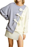 2024 Popular Oversized Sweater Long Sleeve Light  Blue Contrasting Color Patch Bowknot Sweatshirt patchwork sweatshirt