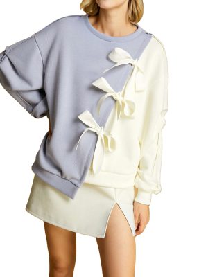 2024 Popular Oversized Sweater Long Sleeve Light  Blue Contrasting Color Patch Bowknot Sweatshirt patchwork sweatshirt