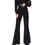 Fashion High Waist Patchwork Button Flare Pant Black Women Pants Trousers