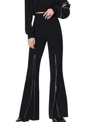 Fashion High Waist Patchwork Button Flare Pant Black Women Pants Trousers