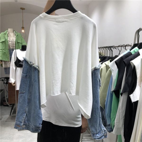 Round Collar Long Sleeve Denim Pullovers Streetwear Sweatshirt Female 2024