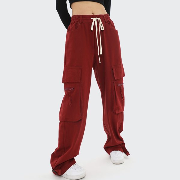 Cotton Material Solid Color High Waist Big Pocket Red Womens Cargo Pants