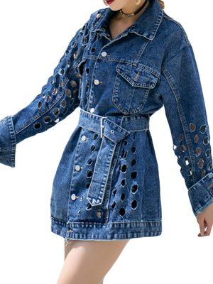 New Style Hollow Out Patchwork Belt Pockets Single Breasted Denim Jacket For Women