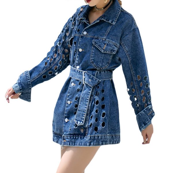 New Style Hollow Out Patchwork Belt Pockets Single Breasted Denim Jacket For Women