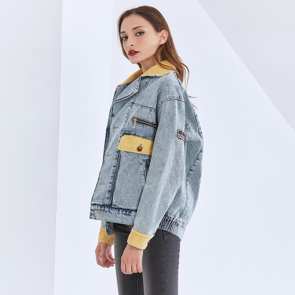 Denim Jacket For Women Lapel Long Sleeve Patchwork Hit Color Casual Vintage