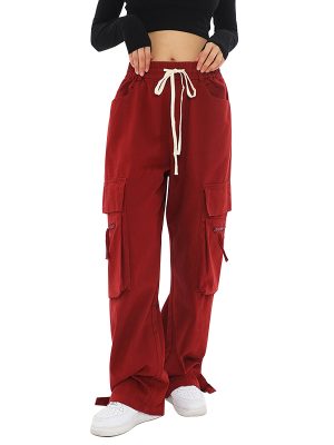 Cotton Material Solid Color High Waist Big Pocket Red Womens Cargo Pants