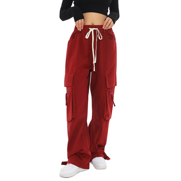 Cotton Material Solid Color High Waist Big Pocket Red Womens Cargo Pants