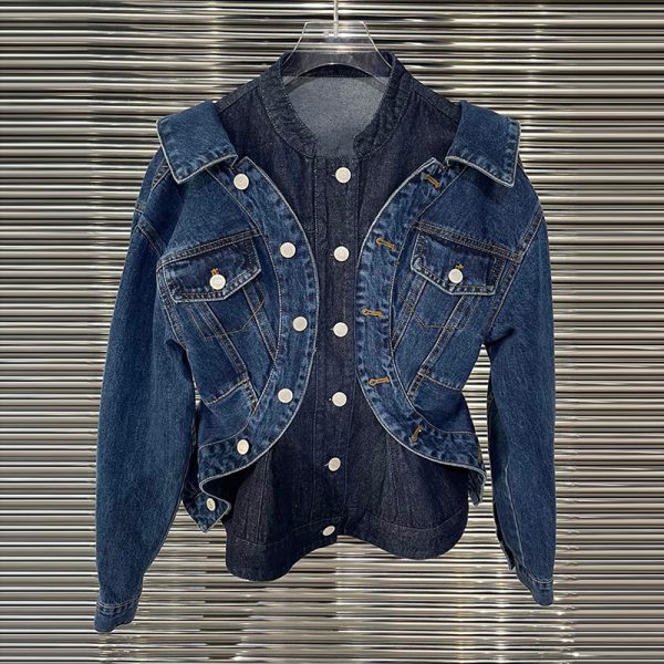 Lapel Long Sleeve Patchwork Single Breasted Slim Denim Women Jackets 2024