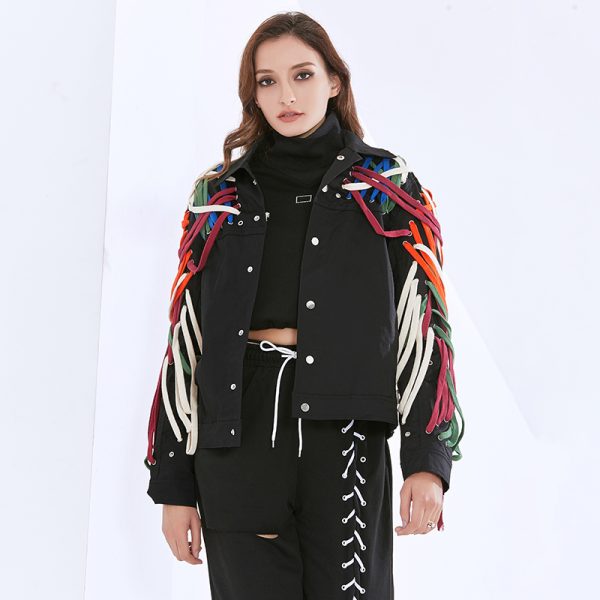 Patchwork Bandage Jacket Casual Lapel Collar Long Sleeve Colorblock Jacket Women