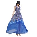 Fashion V Neck Flying Sleeve High Waist Folds Print Hit Color Women Long Dresses