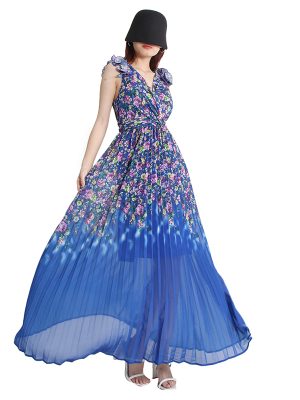 Fashion V Neck Flying Sleeve High Waist Folds Print Hit Color Women Long Dresses