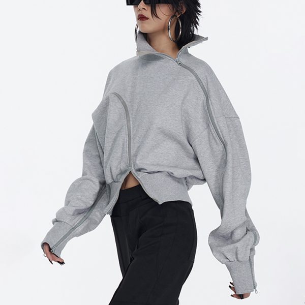 New Sweatshirts Irregular Design Off Shoulder Spliced Zippers Sweatshirt For Women