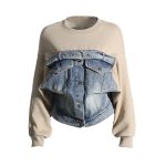 2024 High Quality Hit Color Spliced Denim Round Neck Sweatshirts For Women