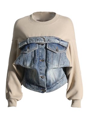 2024 High Quality Hit Color Spliced Denim Round Neck Sweatshirts For Women