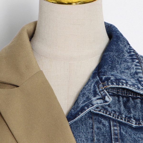 Streetwear Patchwork Denim Lapel Long Sleeve Colorblock Coat Blazer Jacket For Women