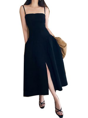 High Quality Square Collar Sleeveless High Waist A Line Sexy Black Dress