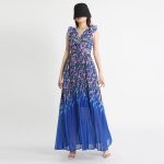 Fashion V Neck Flying Sleeve High Waist Folds Print Hit Color Women Long Dresses