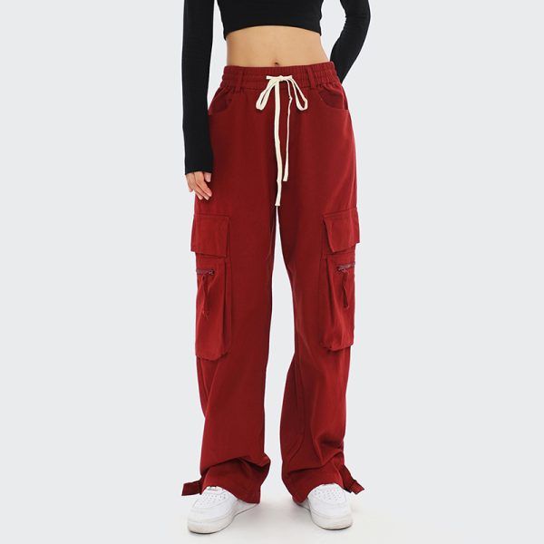 Cotton Material Solid Color High Waist Big Pocket Red Womens Cargo Pants