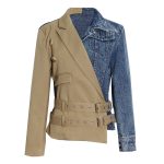 Streetwear Patchwork Denim Lapel Long Sleeve Colorblock Coat Blazer Jacket For Women