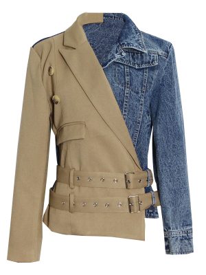 Streetwear Patchwork Denim Lapel Long Sleeve Colorblock Coat Blazer Jacket For Women