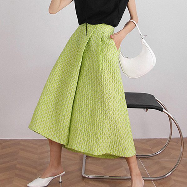 New Style High Waist Patchwork Pocket Jacquard A Line Wide Leg Solid Skirts For Women 2024