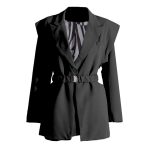 Notched Collar Long Sleeve Patchwork Belt Blazers Ladies Formal Coat For Woman