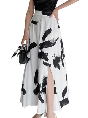 Elegant Print Hit Color High Waist Ruched Side Split Women Skirt