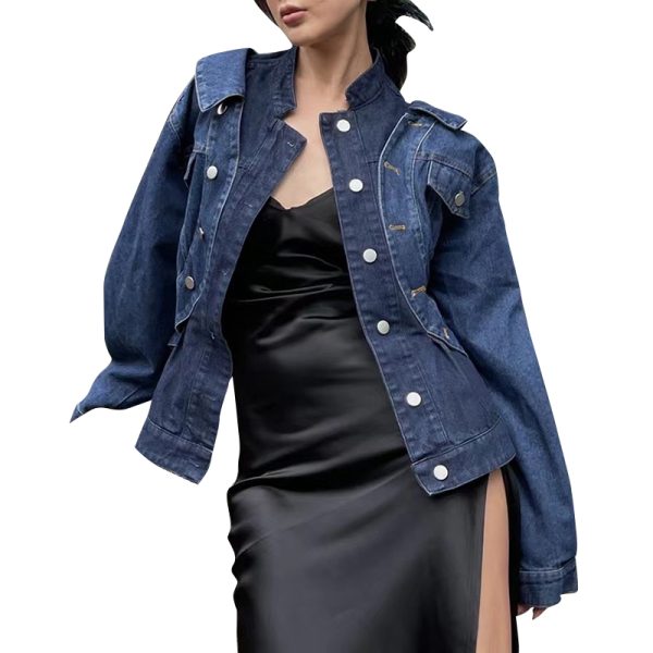 Lapel Long Sleeve Patchwork Single Breasted Slim Denim Women Jackets 2024