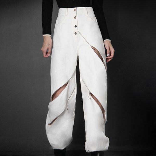 High Waist Straight Wide Leg Hollow Out Patchwork Zipper Ladies Women Pants Trousers