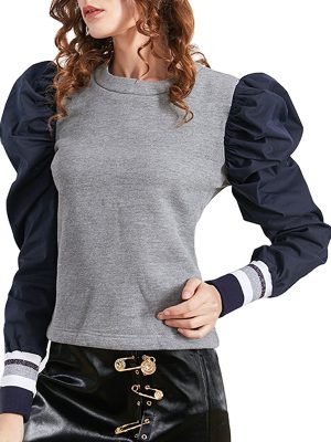 Patchwork Hit Color Puff Sleeve Folds Round Neck Slim Women Sweatshirt