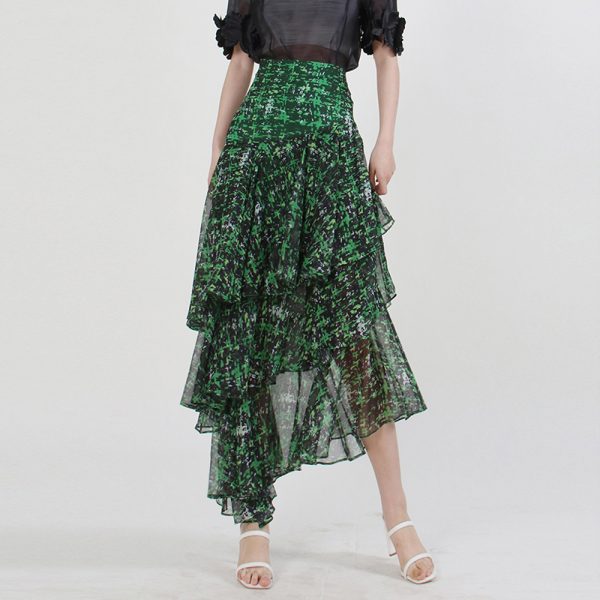 Summer New Style Green Chiffon Material A Line Floral Long Skirts For Women Elegant