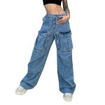 Women Jeans Vintage High Waist Loose Panel Pockets Wide Leg Denim Denim Pants