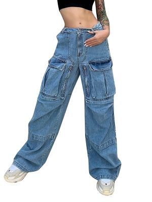 Women Jeans Vintage High Waist Loose Panel Pockets Wide Leg Denim Denim Pants