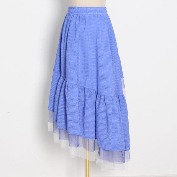 Elasticity High Waist Irregular Layered Ruffle Patchwork Mesh Casual Summer Midi Skirts 2024