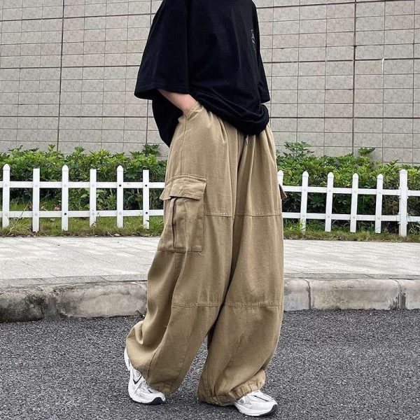 2024 Spring Pocket Decoration Wide Leg Cotton Black Woman Cargo Pants