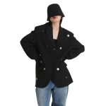 Winter Lapel Long Sleeve Single Breasted Spliced Pocket Black Jackets For Women 2024