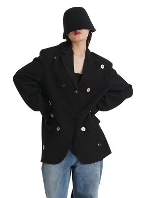 Winter Lapel Long Sleeve Single Breasted Spliced Pocket Black Jackets For Women 2024