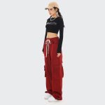 Cotton Material Solid Color High Waist Big Pocket Red Womens Cargo Pants