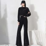 Fashion High Waist Patchwork Button Flare Pant Black Women Pants Trousers