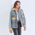 Denim Jacket For Women Lapel Long Sleeve Patchwork Hit Color Casual Vintage